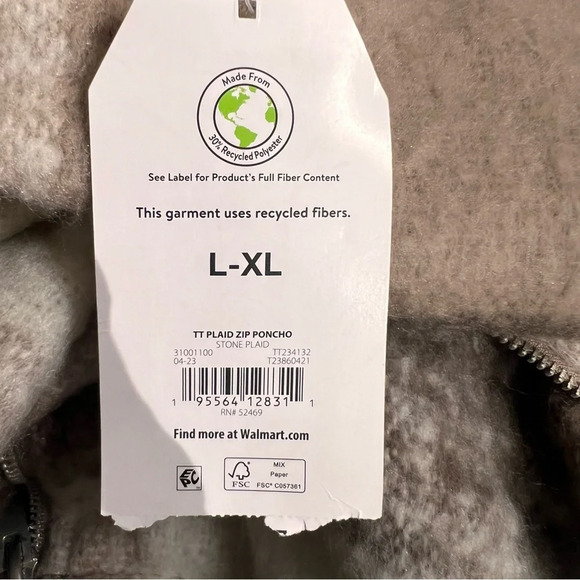 NWT Time & Tru Brown plaid poncho size L-XL Hooded Cozy 30% Recycled Fibers - Picture 12 of 16